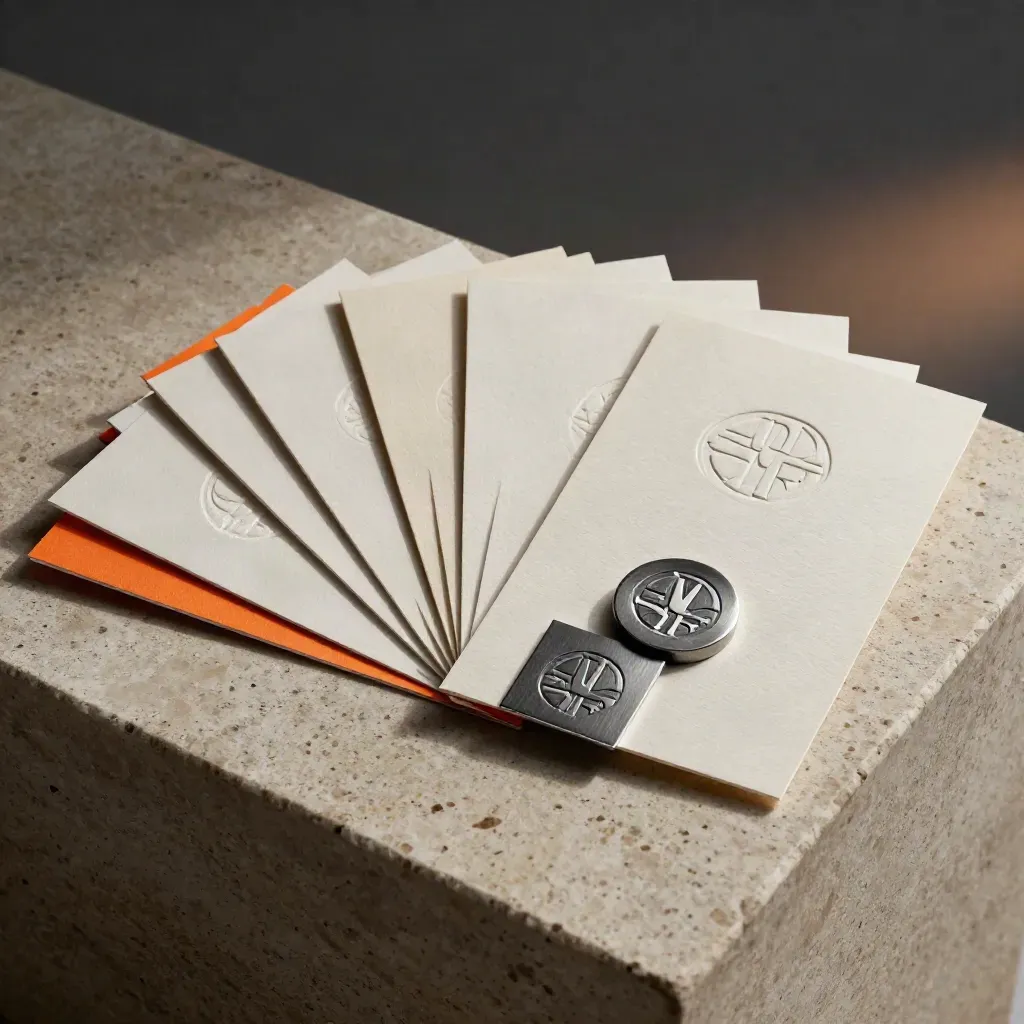 Sistema logo su carte embossate e bustine foil su plinto di pietra, luce calda.