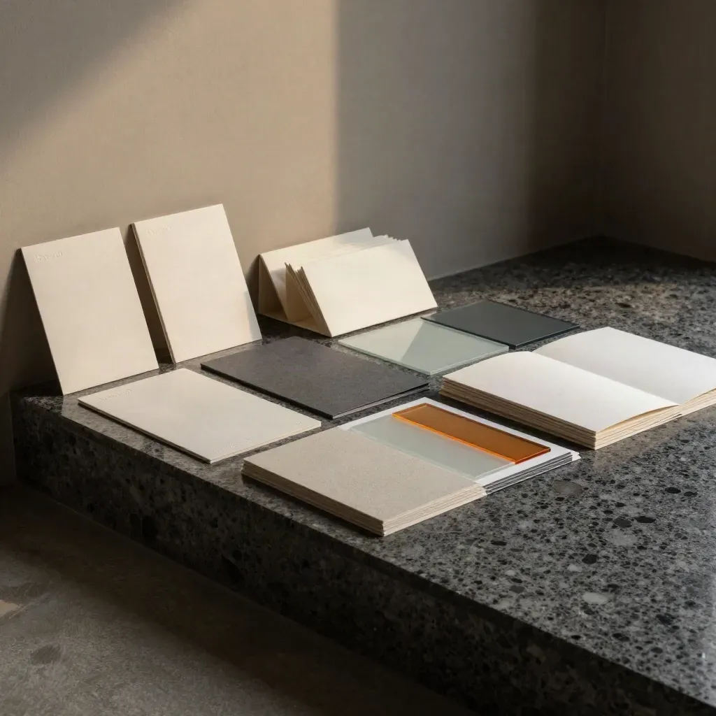 Carte campione, mockup packaging e tavole grafiche in luce cinematografica.