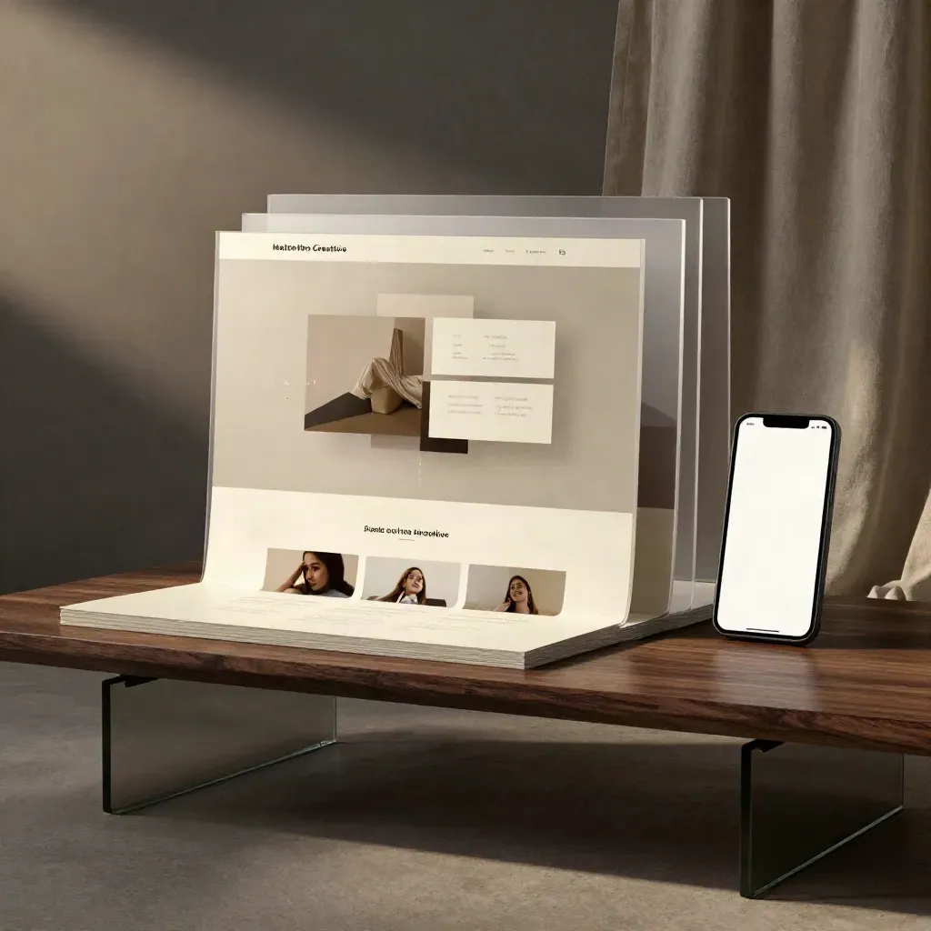 Mockup web stratificati e pannelli trasparenti su banco in legno, luce drammatica
