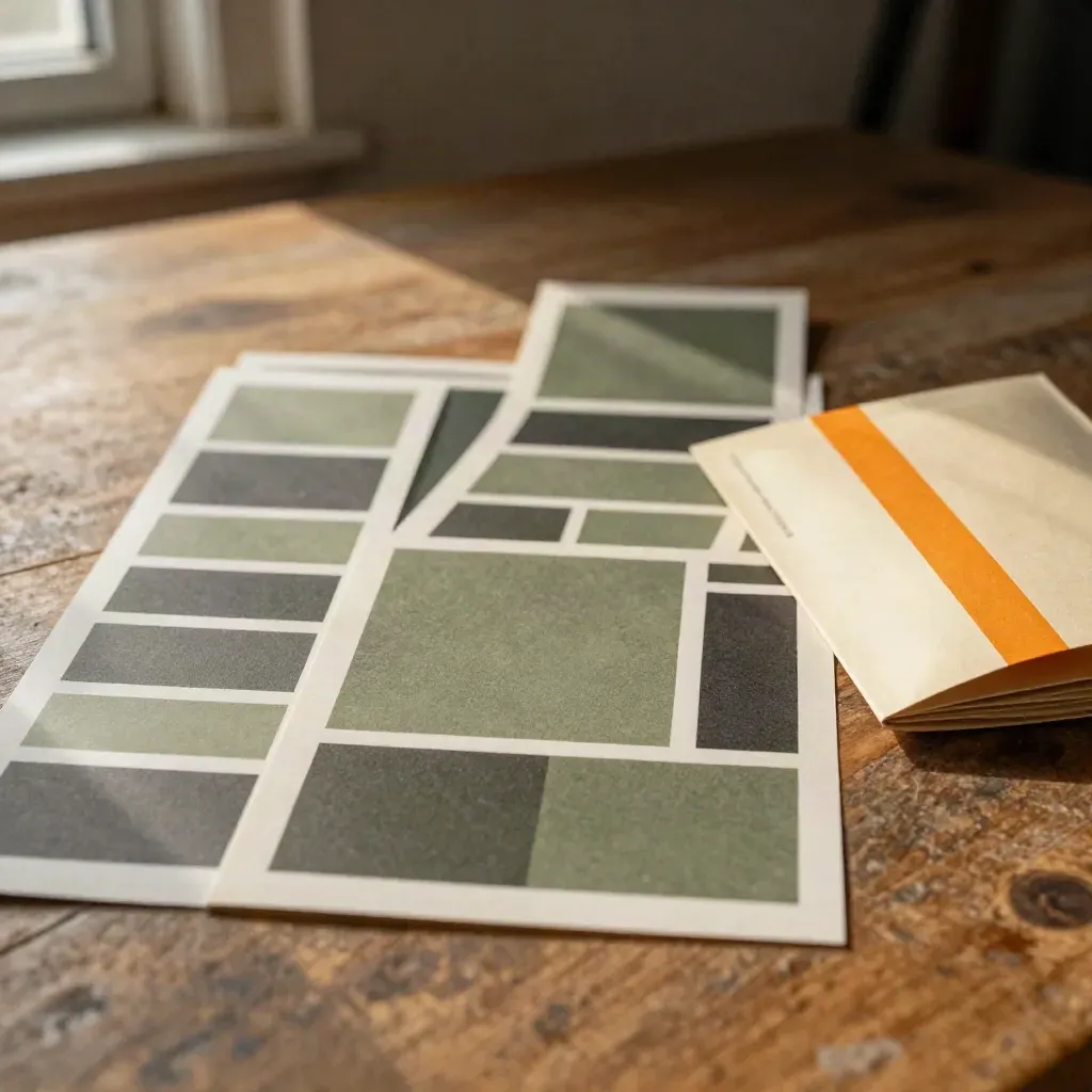 Strisce banner stampate, forme grafiche e sleeve piegato su tavolo caldo in luce naturale.