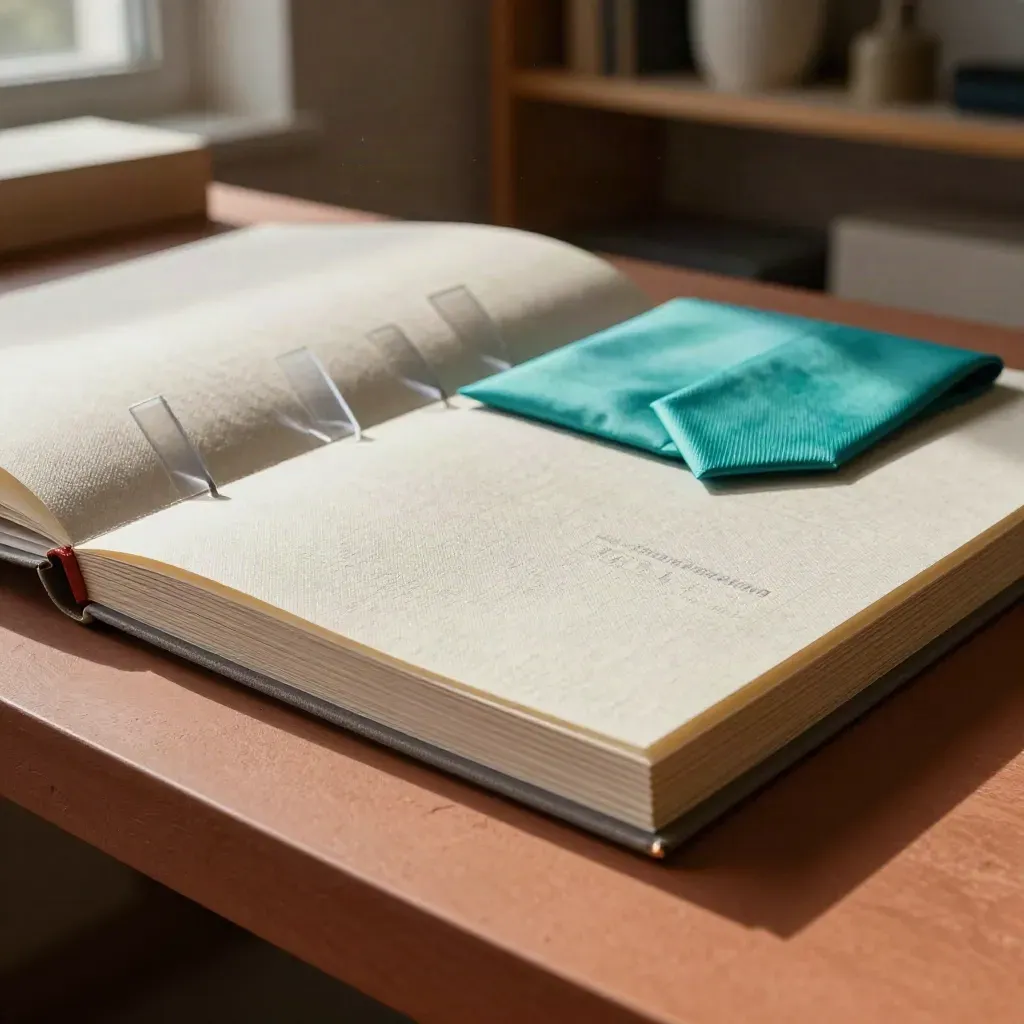 Folio in lino con pitch deck aperto su banco in terracotta, luce calda e texture carta.