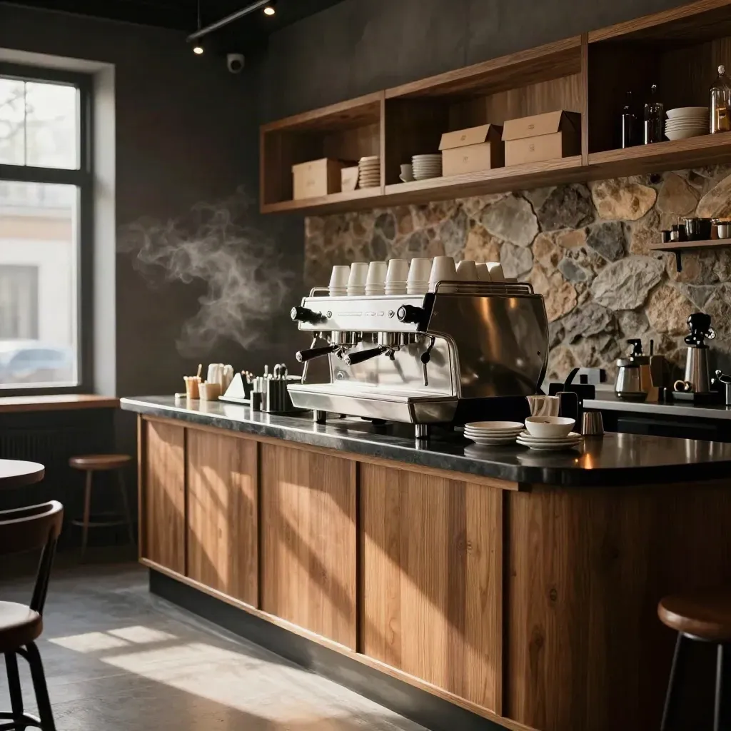 Interno accogliente di un bar con macchina espresso, tazze impilate e scatole pasticceria.