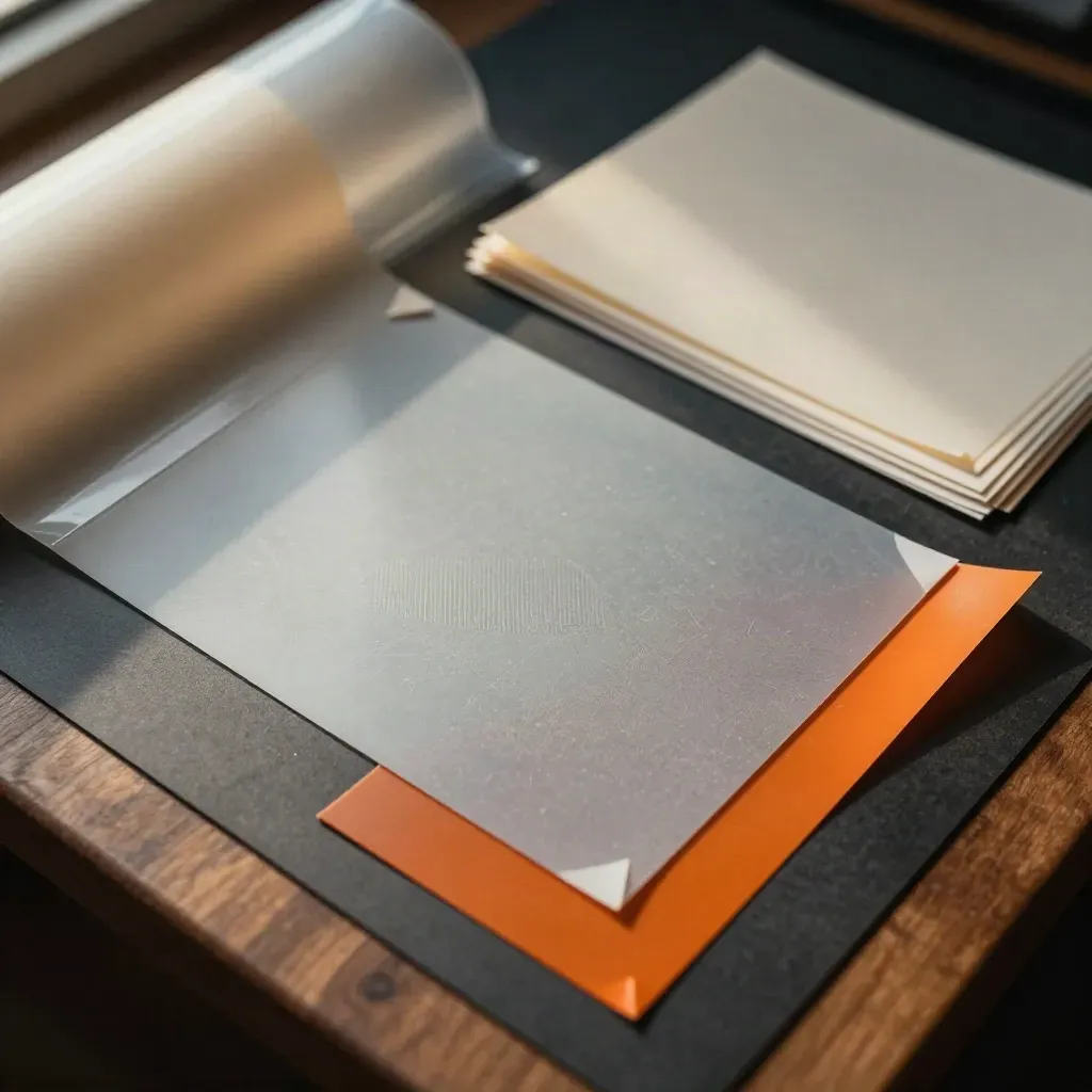 Campioni vinilici, pellicole adesive e chip colore su banco di lavoro, con accento arancio.