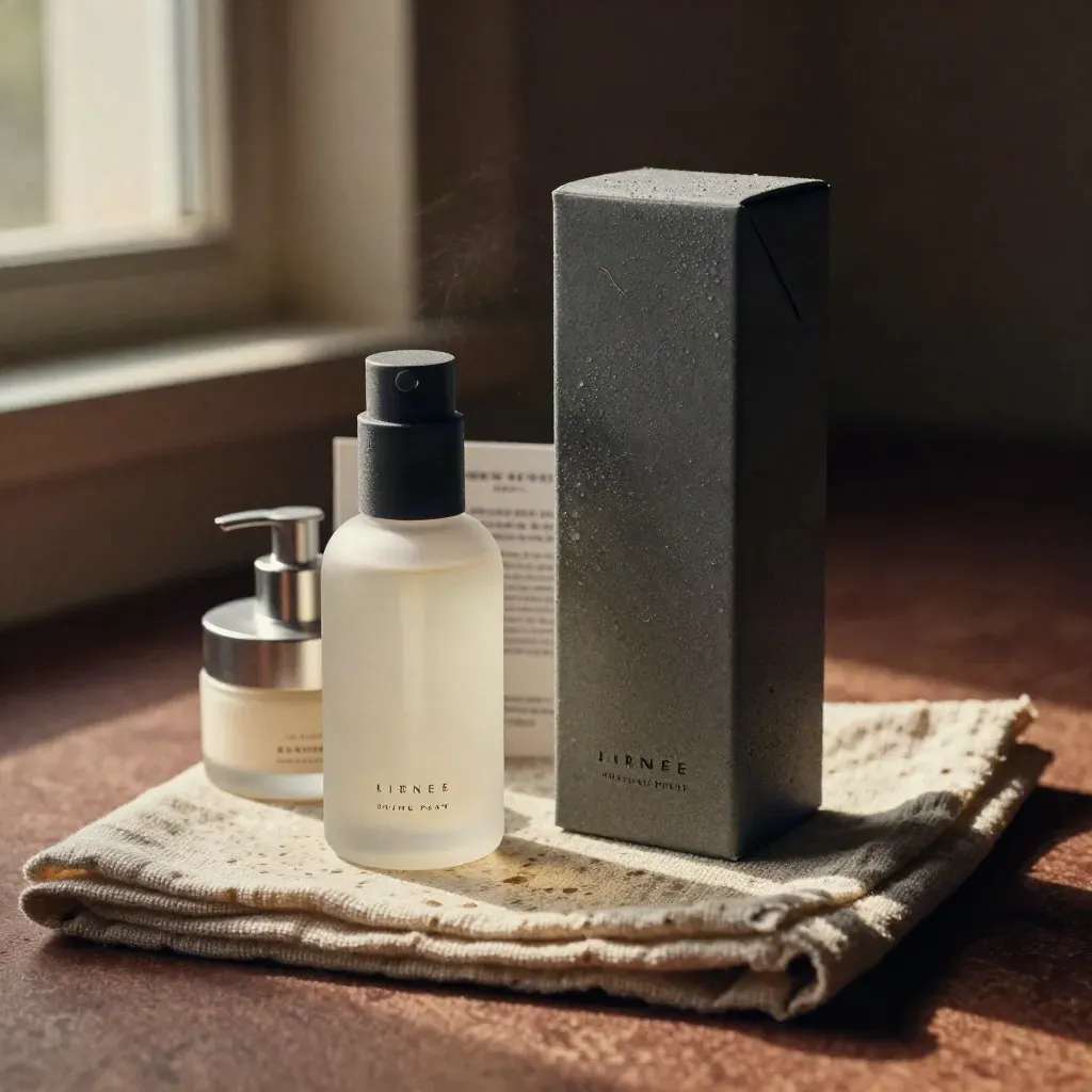 Tre packaging skincare premium su pietra e lino, luce calda e atmosfera raffinata