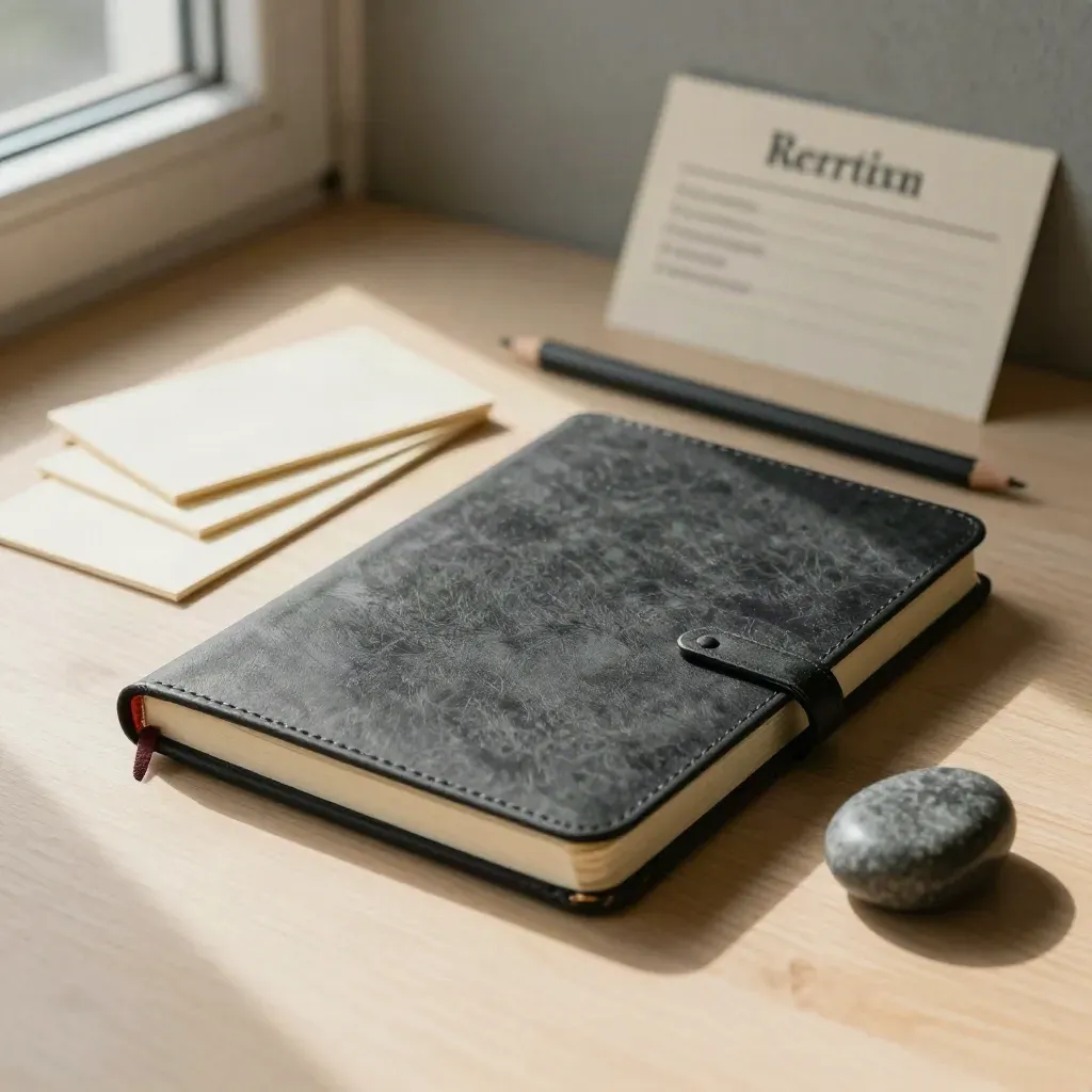 Notebook chiuso, carte bianche, matita e pietra su legno chiaro in luce morbida.