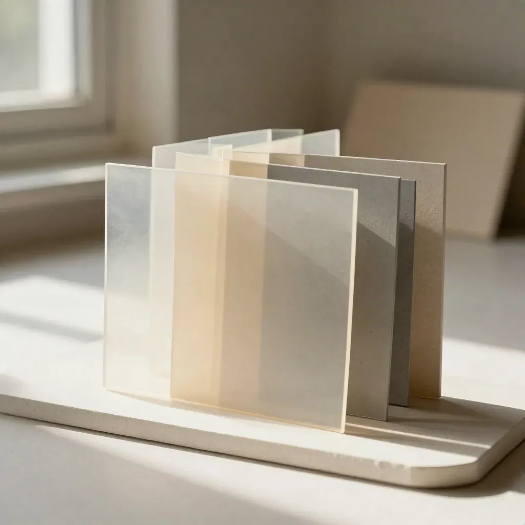 Pellicole in acetato, maquette piegate e blocchi neutri su fondo chiaro, luce morbida laterale.