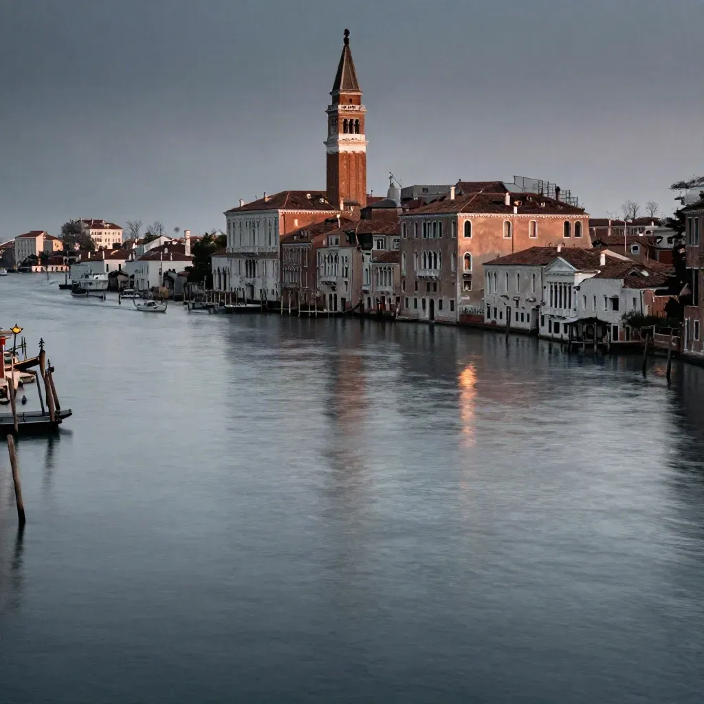 Laguna veneziana al crepuscolo, skyline alto, acqua calma e nebbia salina.