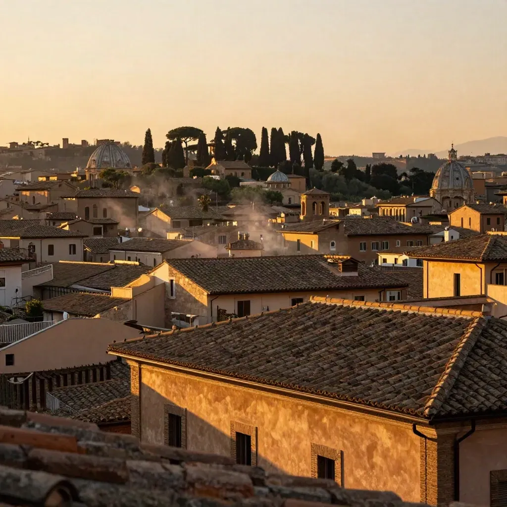 Tetti in terracotta di Roma al tramonto con cupola lontana e cipressi sopra una terrazza di travertino.