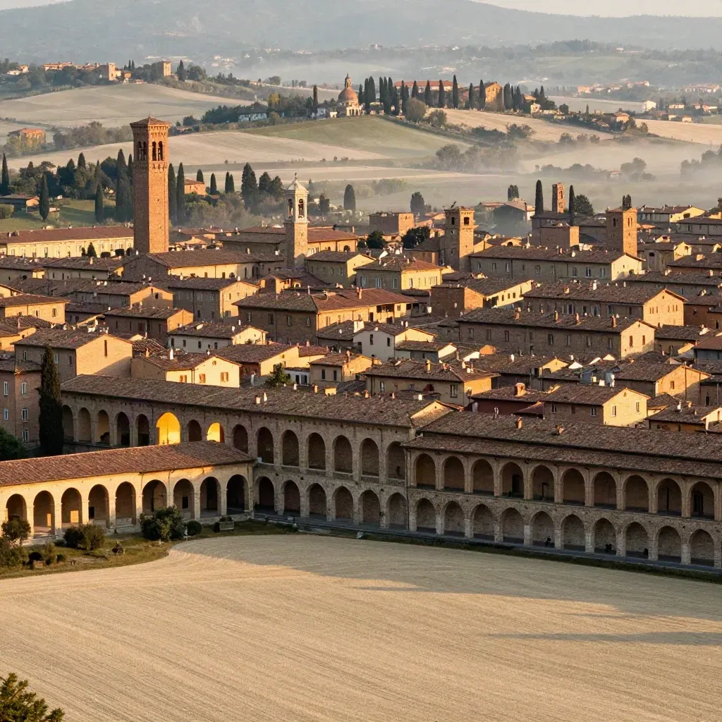 Vista dorata di Bologna e della pianura padana, con arcate, tetti rossi e foschia estiva.