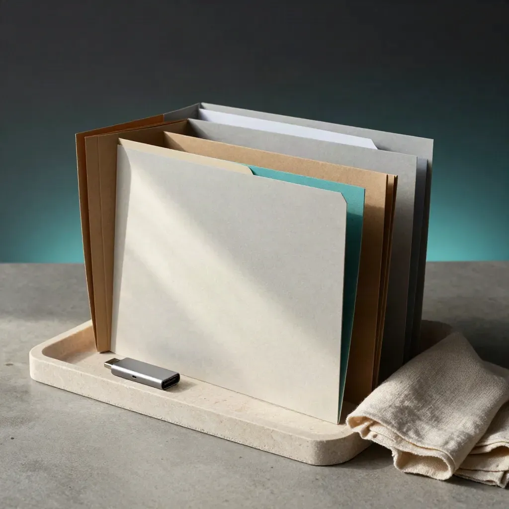 Cartelline sigillate, chiavetta USB e mailer su vassoio in pietra con luce morbida.